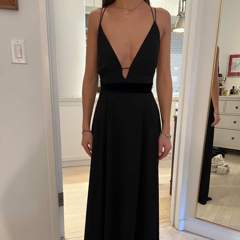 La Mania Black Evening Gown with Black Velvet Detail